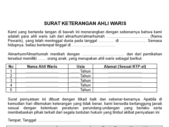 Contoh Surat Keterangan Ahli Waris (PDF & Doc) Untuk Umum, Bank, dan Pertanahan