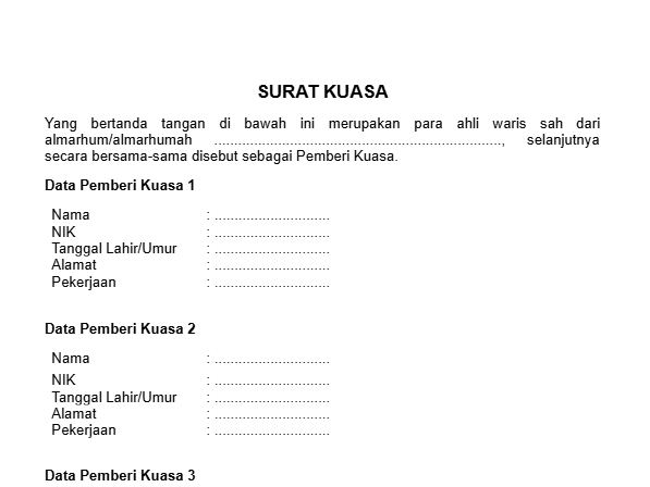 Contoh Surat Kuasa Ahli Waris Tanah yang Benar (Doc dan PDF)